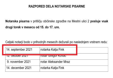Notarska pisarna - razpored dela 2021